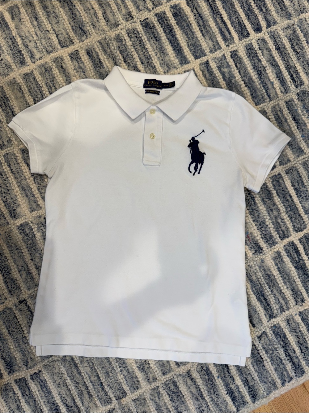 POLO Ralph Lauren women’s White Polo Shirt with Navy Logo - The Skinny Polo